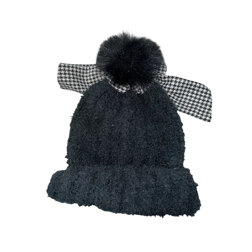 Full Tilt Kids‎ Black Fuzzy Beanie Houndstooth Bow Pom Pom 3 Ways to Wear